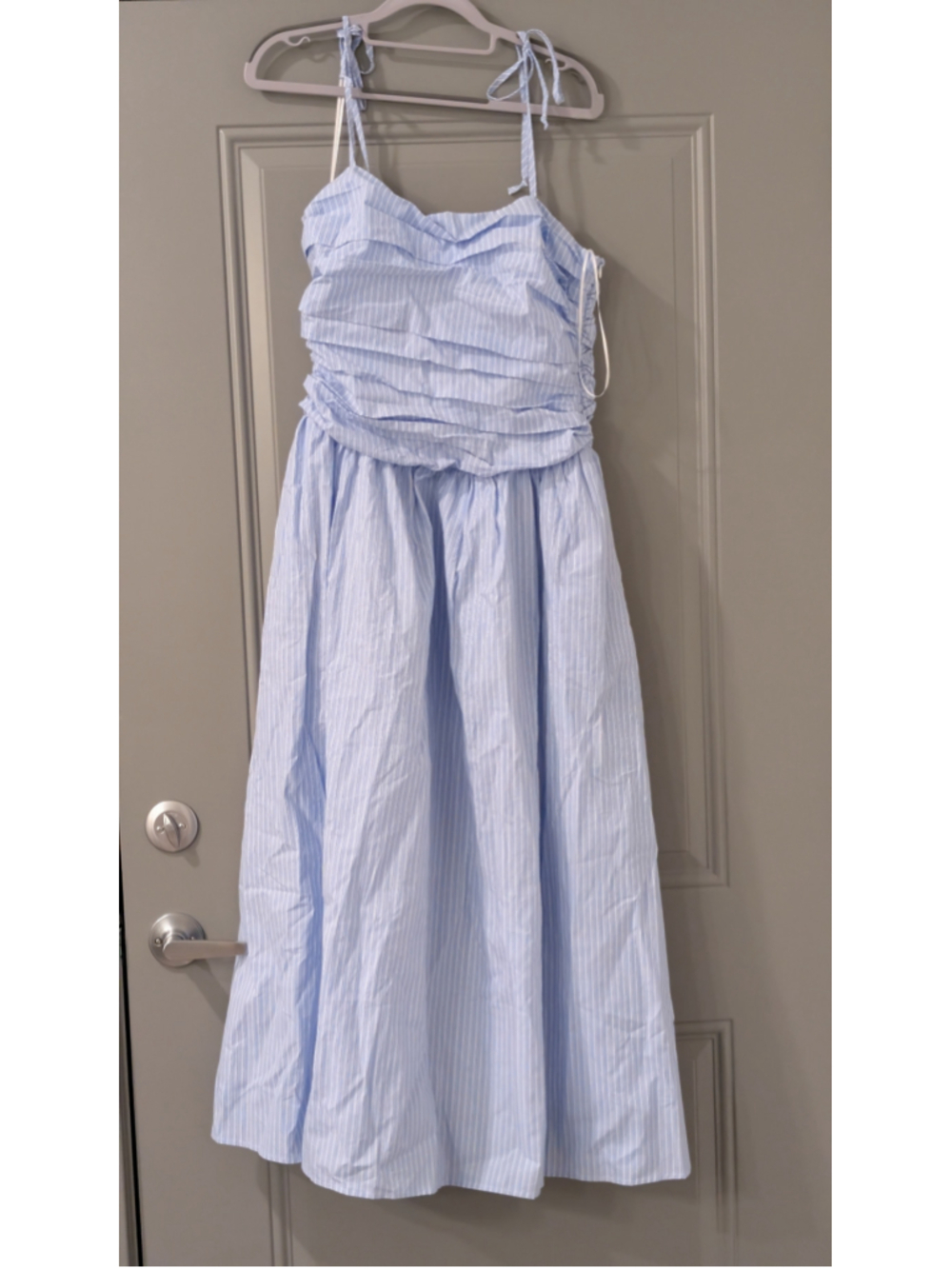 MIOU MUSE Blue White Stripe Ruched Tie Strap Midi Dress M NWT